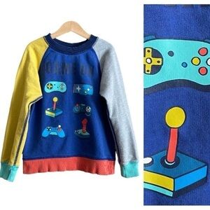 Hanna Andersson Blue Yellow Gray Colorblock Gamer Controls Crewneck Sweatshirt